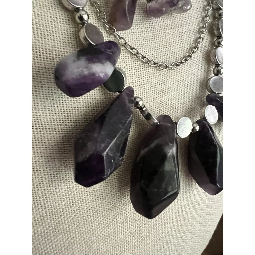 Genuine Amethyst Triple Layer Statement Necklace And Earrings Set 19